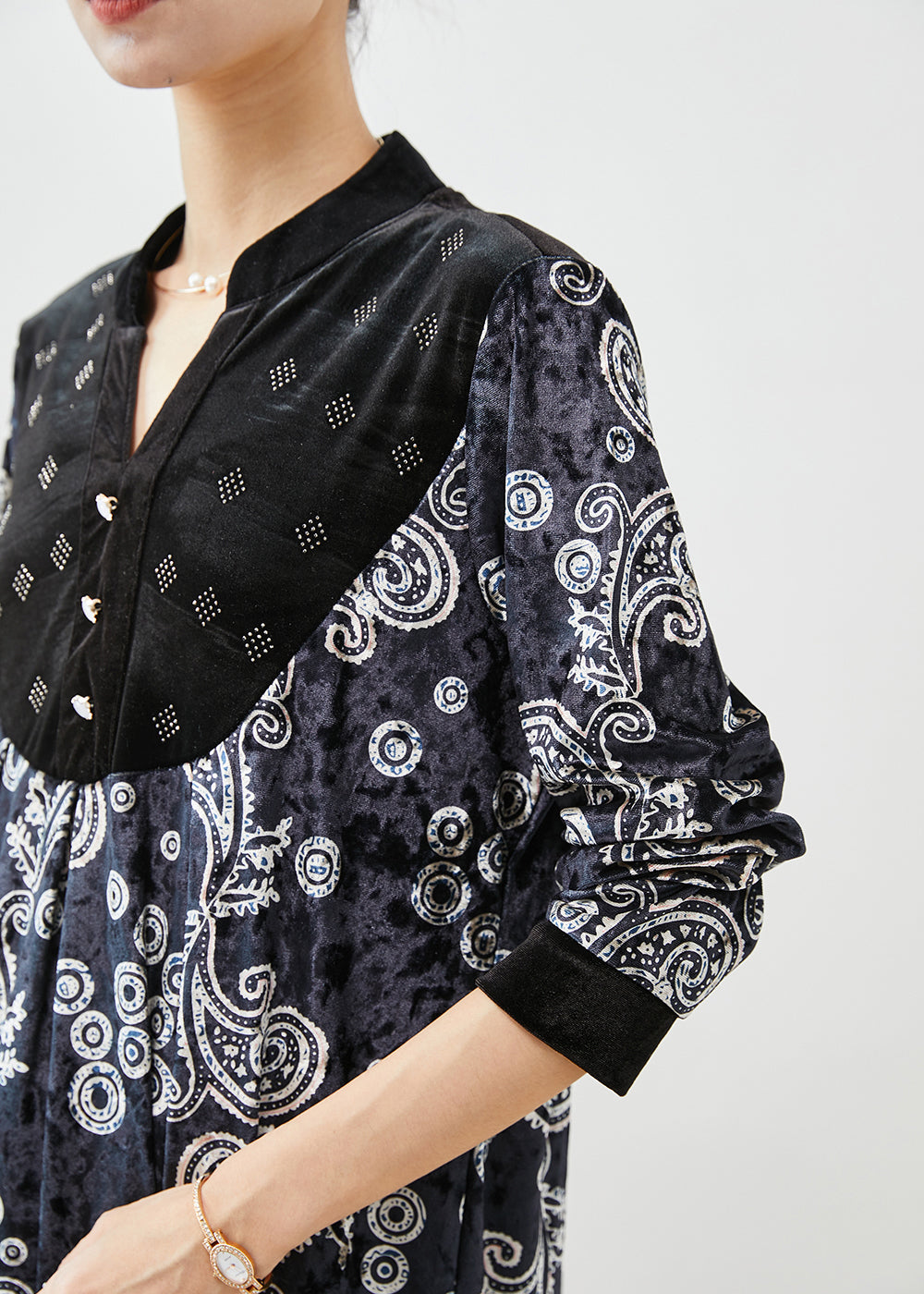 Black V Neck Patchwork Print Silk Velour Long Shirt Fall