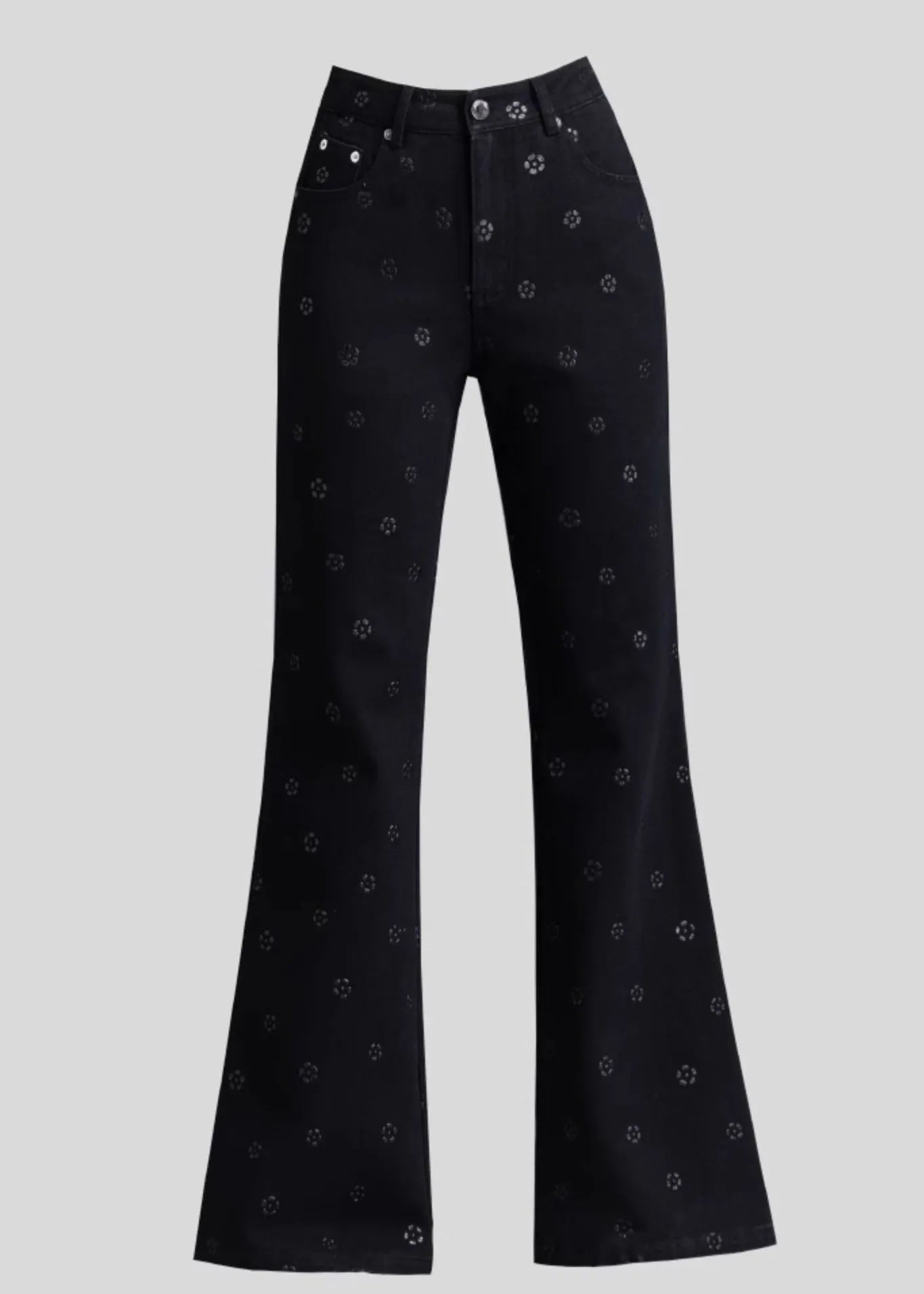 Slim Fit Black Pockets Print Denim Flared Trousers Spring