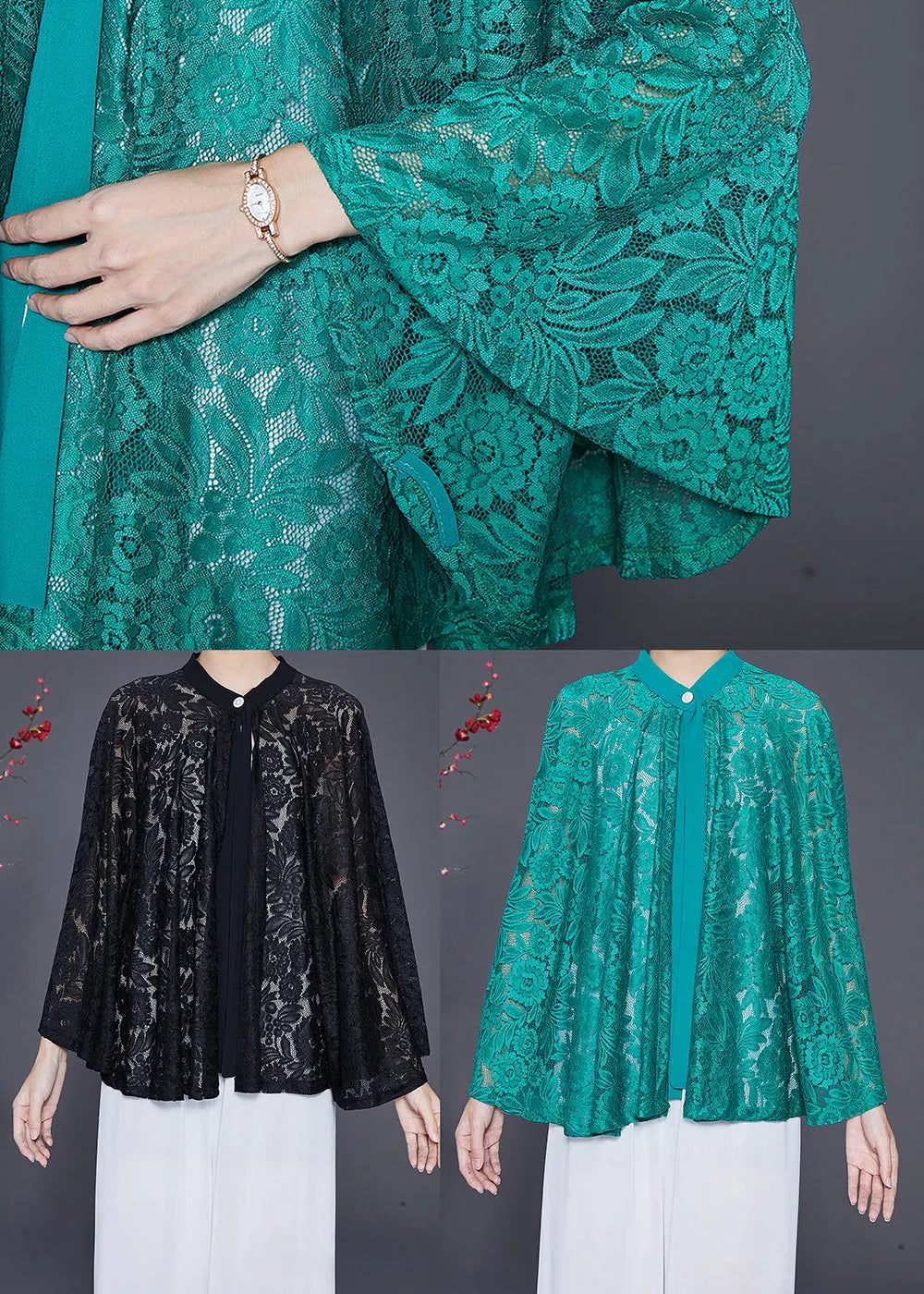 Green Hollow Out Lace Upf 50+ Smock Batwing Sleeve