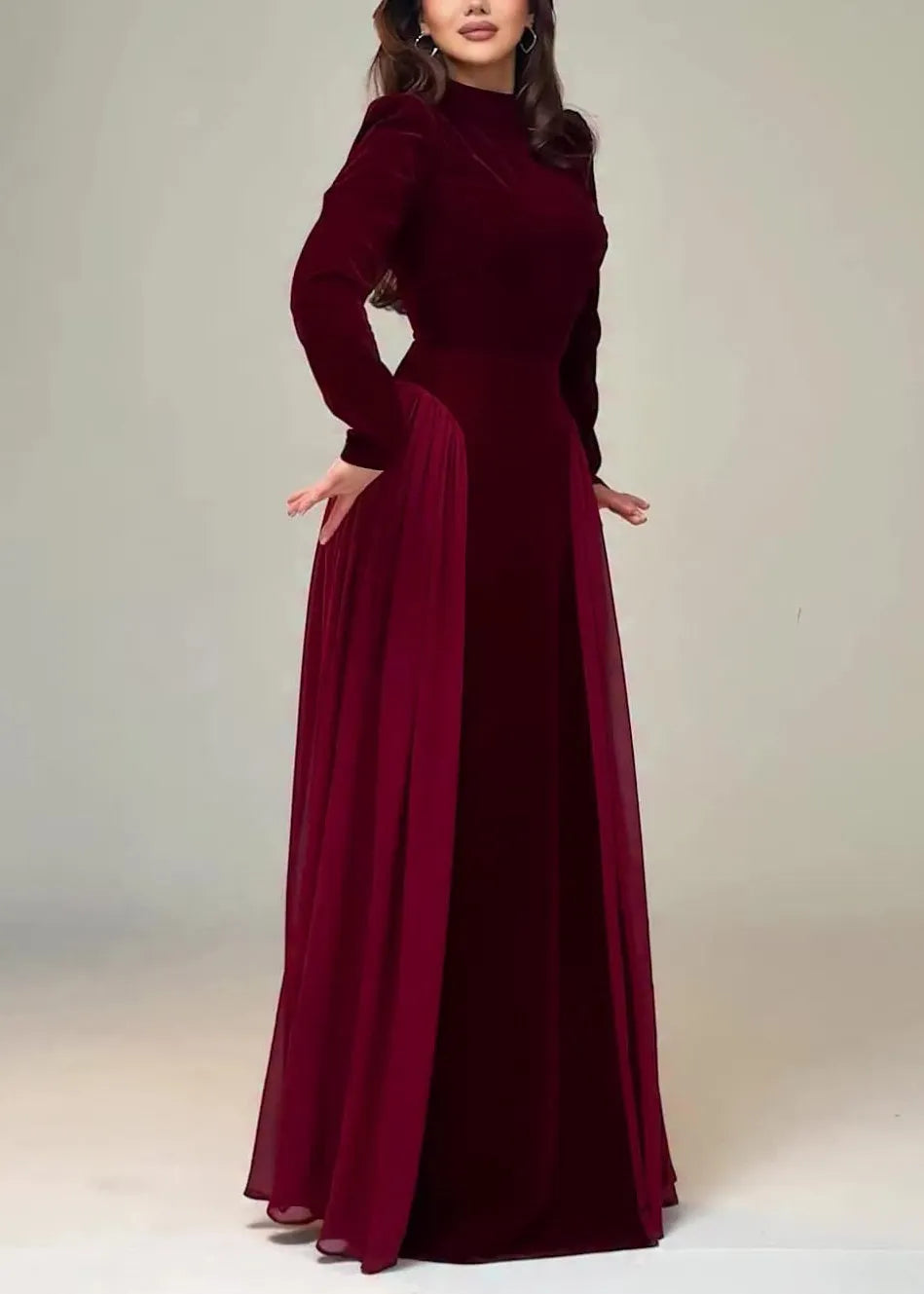 Wine Red Chiffon Patchwork Velour Long Dresses Tie Waist