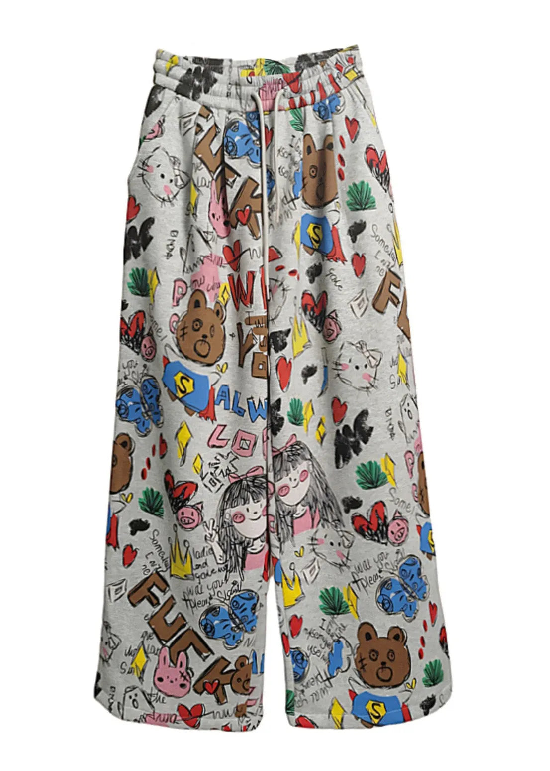 Grey Oversized Print Cotton Wide Leg Pants Spring