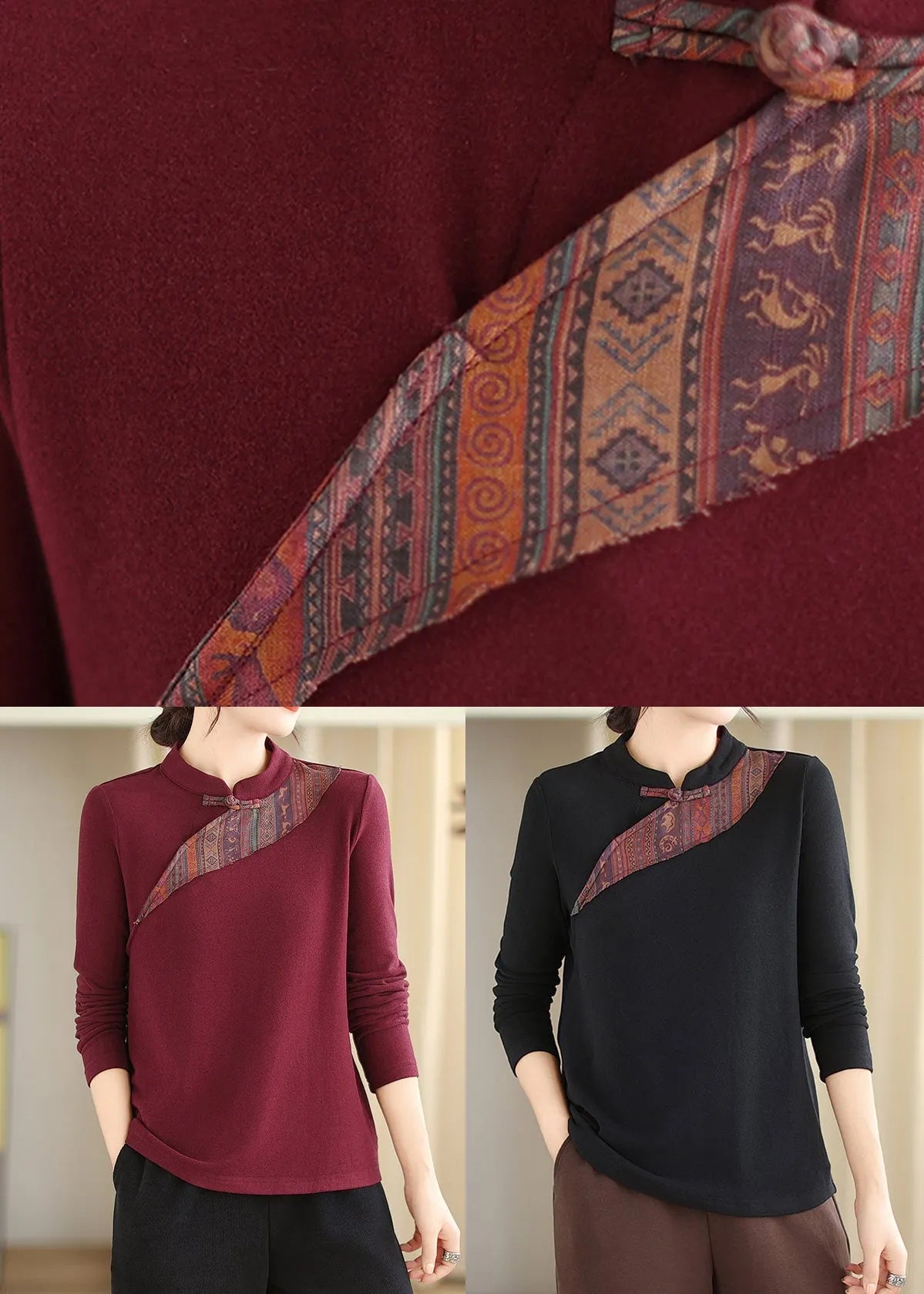 Purple Red Stand Collar Button Cotton Blouse Tops Fall
