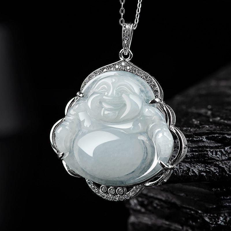 Buddha Stones Laughing Buddha Natural Jade Abundance Titanium Steel Chain Necklace Pendant
