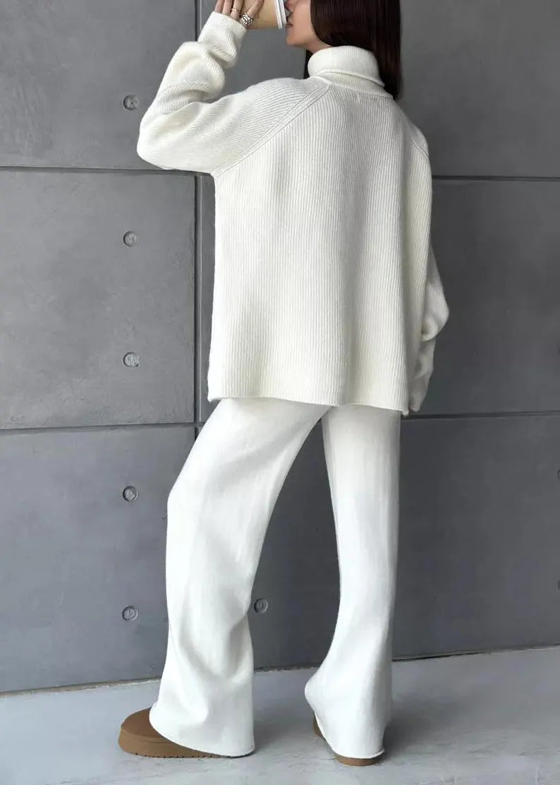 Stylish White High Neck Zip Up Knit Sets 2 Pieces Spring
