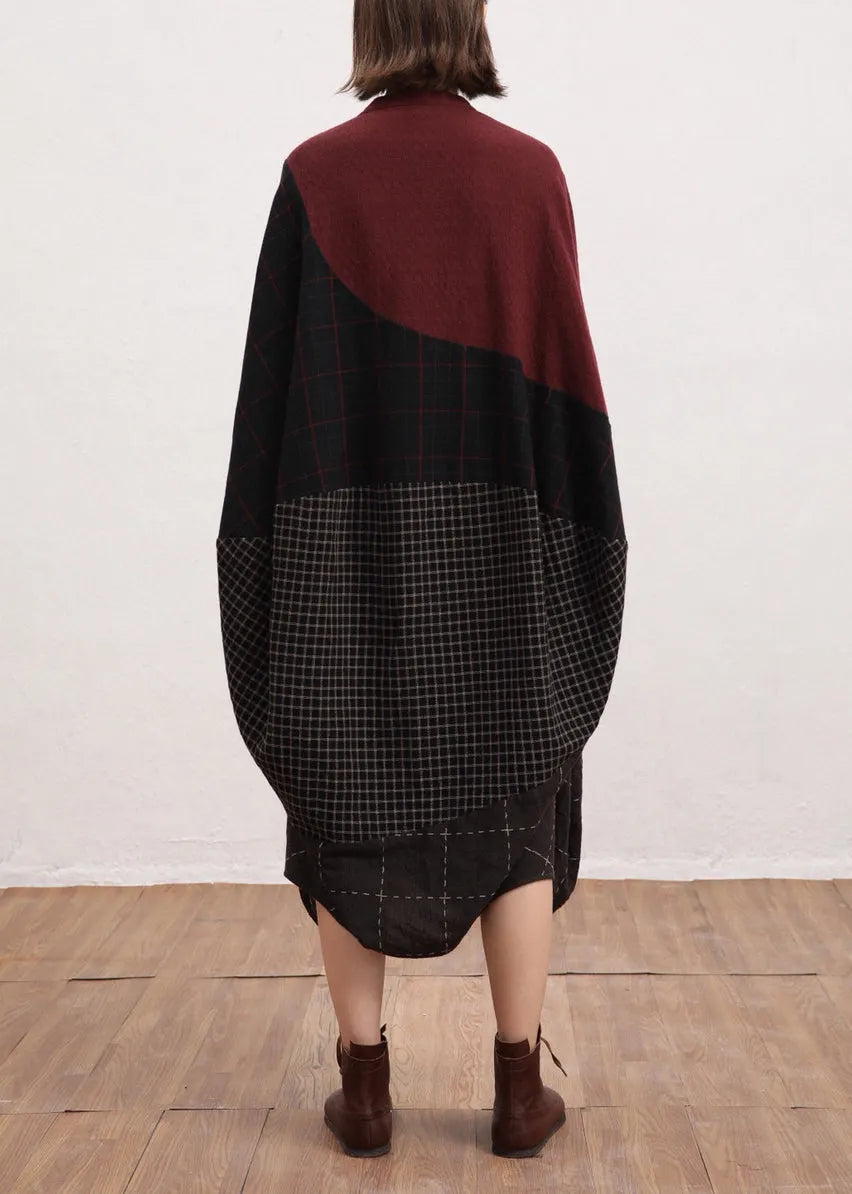 Red V Neck Plaid Patchwork Linen Dress Batwing Sleeve