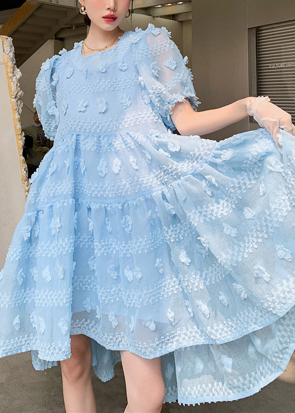 Light Blue O-neck Zippered Long Dresses Puff Sleeve
