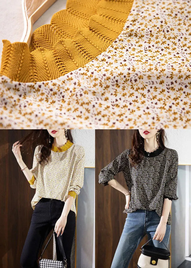 Yellow Stand Collar Print Chiffon Shirt Top Spring