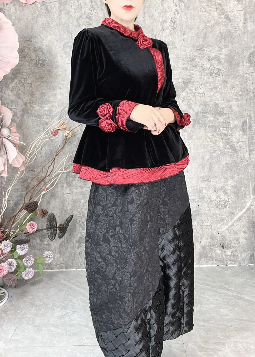 Green Patchwork Silk Velour Two Piece Set Spring
