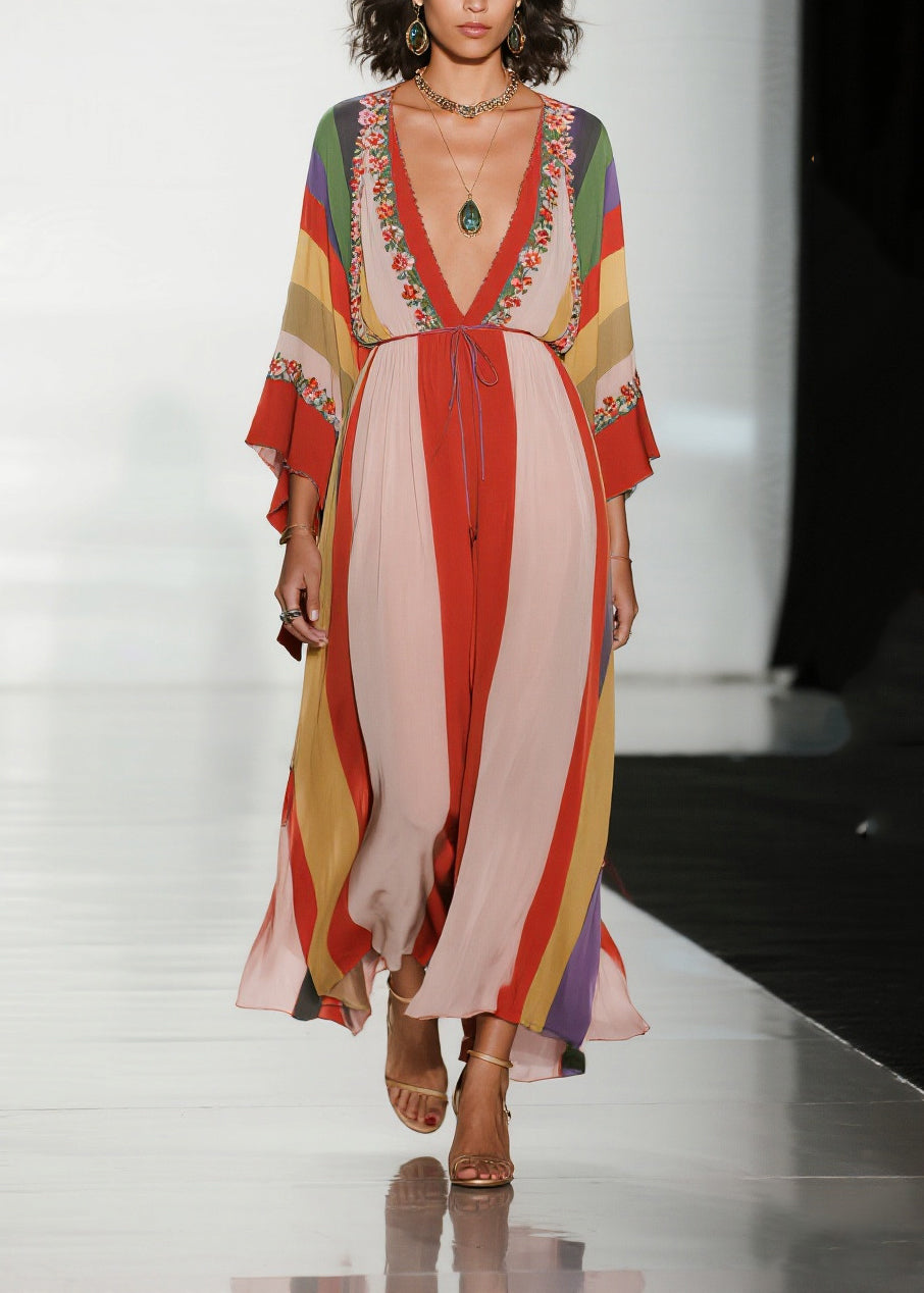 Colorblock V Neck Print Chiffon Holiday Dress Summer