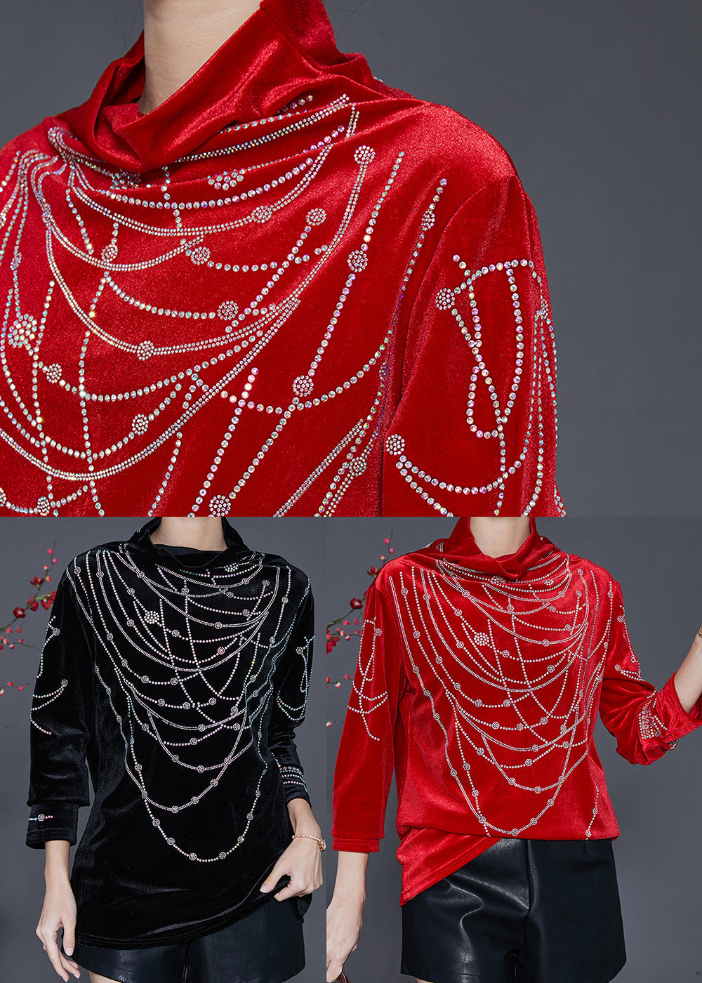 Diy Black Turtle Neck Zircon Silk Velour Shirts Spring