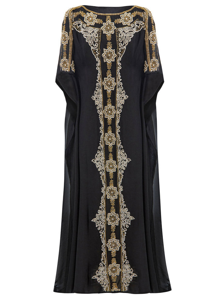 Black O-neck Print Chiffon Maxi Dresses Summer
