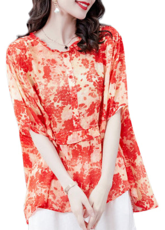 Watermelon Red O-neck Wrinkled Asymmetrical Print Chiffon Tops Short Sleeve