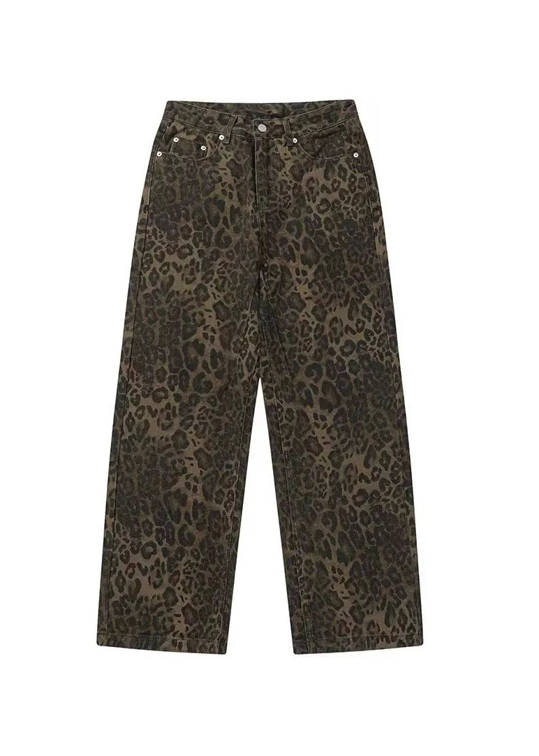 Leopard Print Pockets Denim Straight Pants Spring