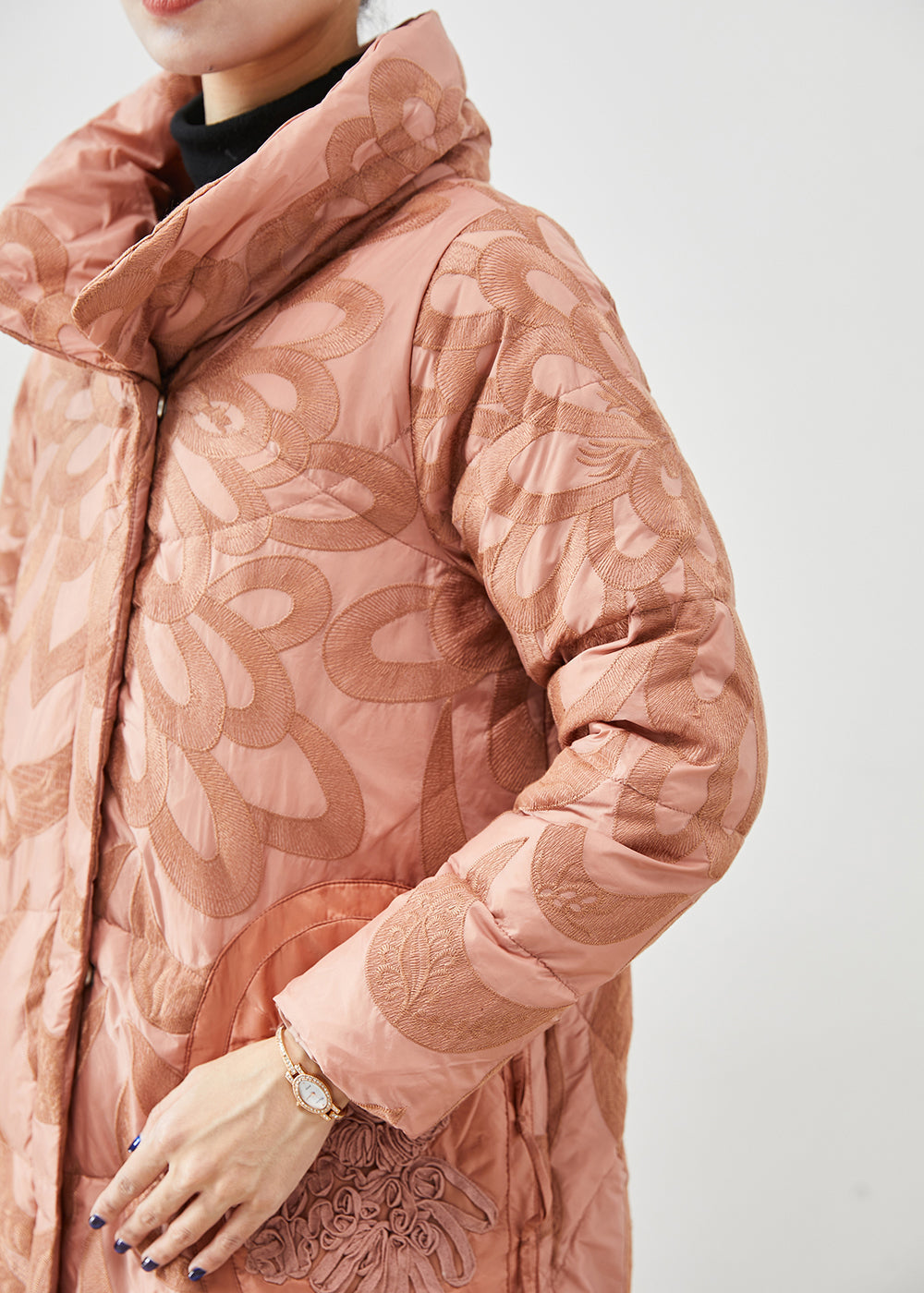 French Pink Embroideried Applique Duck Down Winter Coats Winter