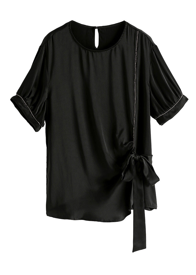 Black O-neck Drawstring Tie Waist Silk T Shirt Summer