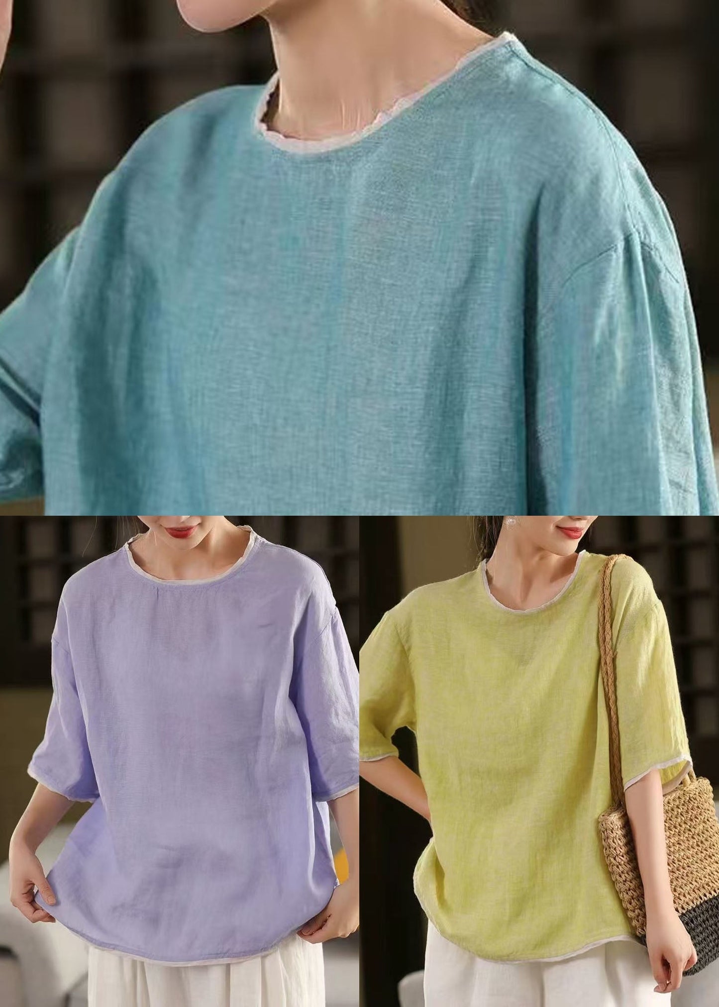 Art Blue O-neck Patchwork Linen Tank Tops Half Sleeve