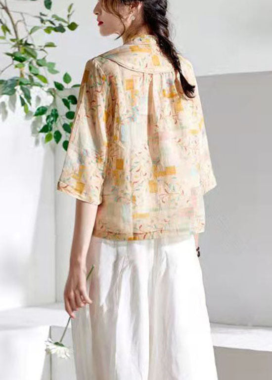 Khaki Stand Collar Print Tops Three Quarter Sleeve