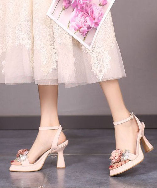 Handmade Zircon Splicing Chunky Heel Sandals Pink Faux Leather