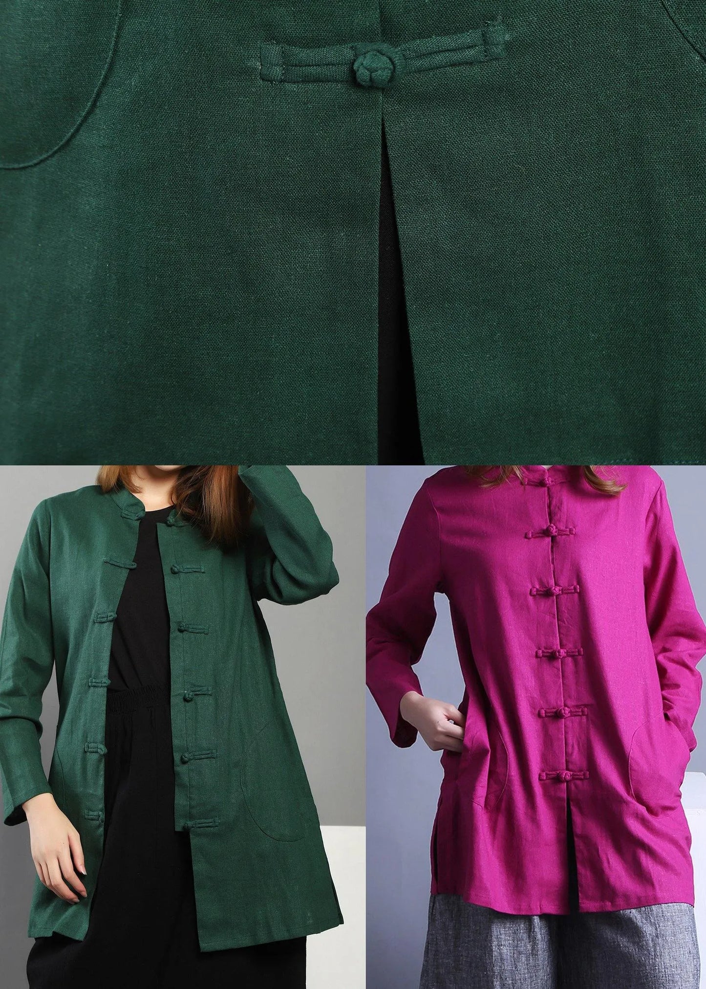Green Low High Design Chinese Button Spring Shirt Tops