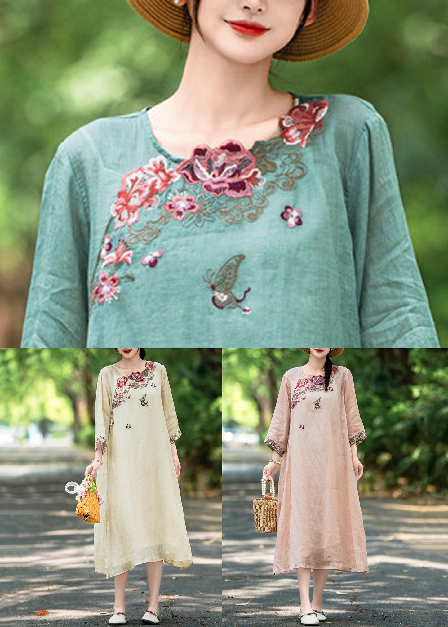Apricot Side Open Linen Dresses Embroidered Bracelet Sleeve Summer