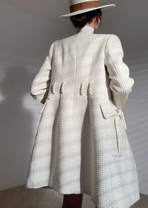 Fitted White O-neck Button Pockets Woolen Coats Long Sleeve