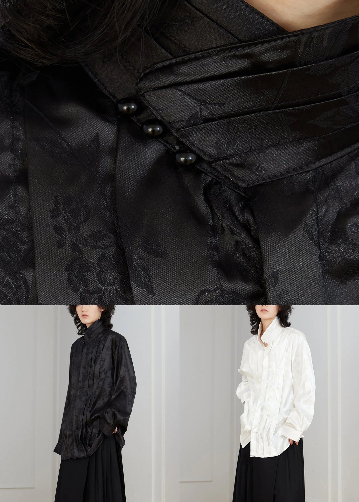 White Jacquard Button Loose Silk Shirt Top Stand Collar