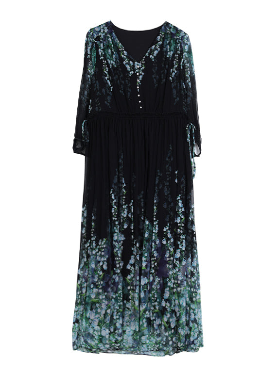 Classy Black V Neck Print Drawstring Wrinkled Silk Long Dress Summer