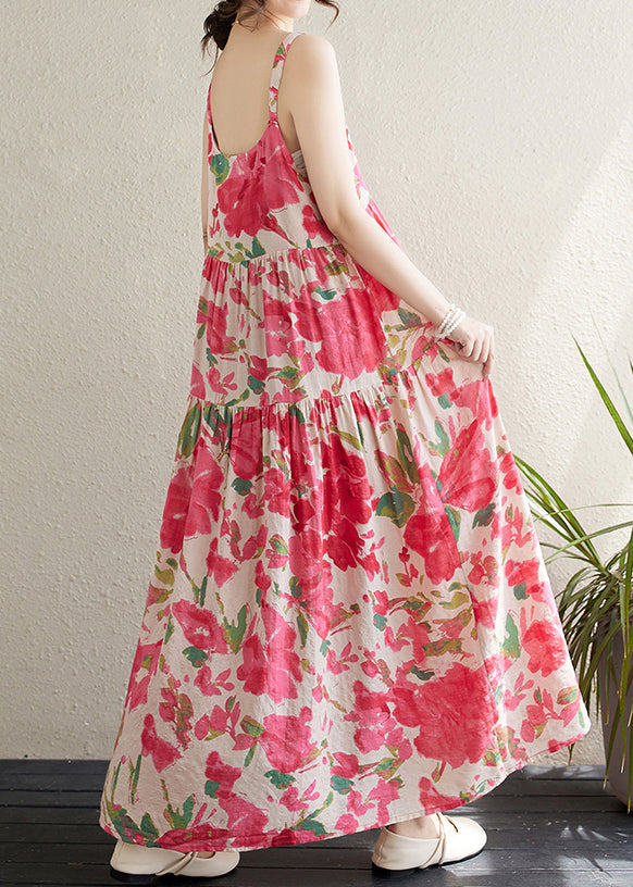 Red Print Patchwork Cotton Spaghetti Strap Dress Sleeveless