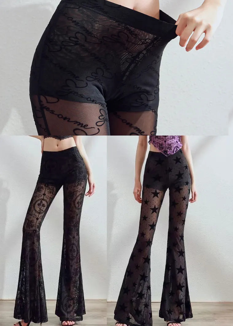 Boutique Black Star Print Hollow Out Tulle Flare Bottoms Pants Fall