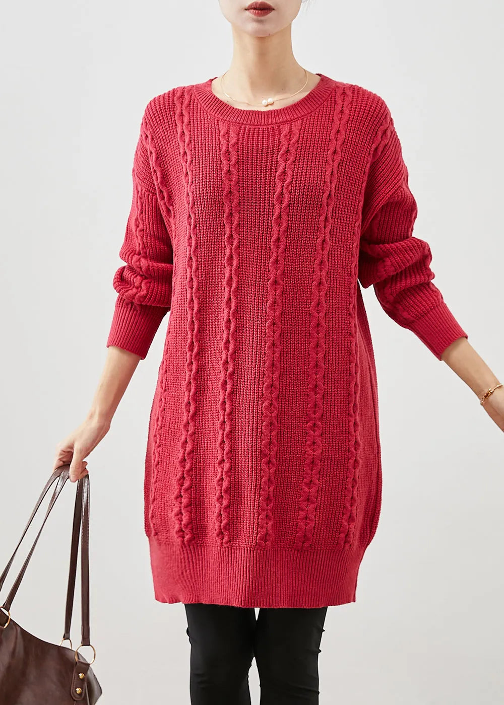 Red O-neck Warm Cable Knit Dress Winter