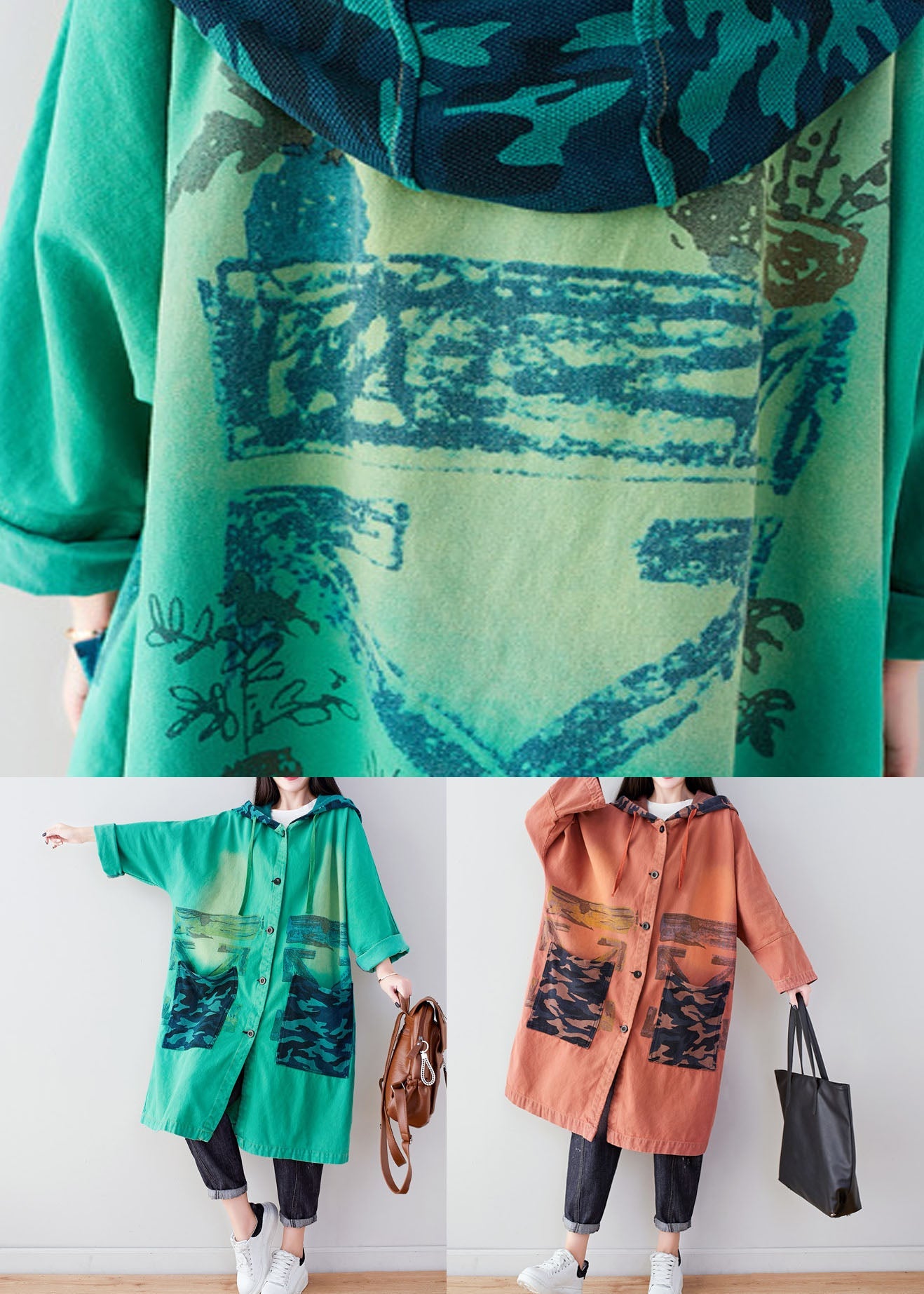 Green Hooded Print Cotton Hoodie Coat Spring