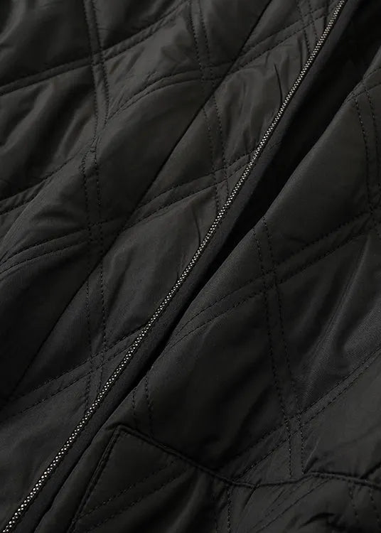 Black Hooded Zippered Pockets Cotton Filled Coats Spring