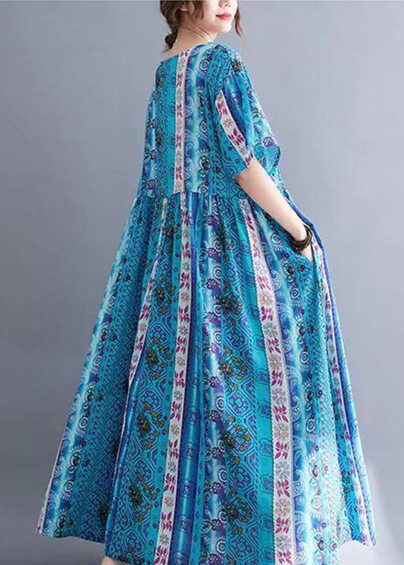 Loose Blue O-neck Print Patchwork Long Dresses Short Sleeve