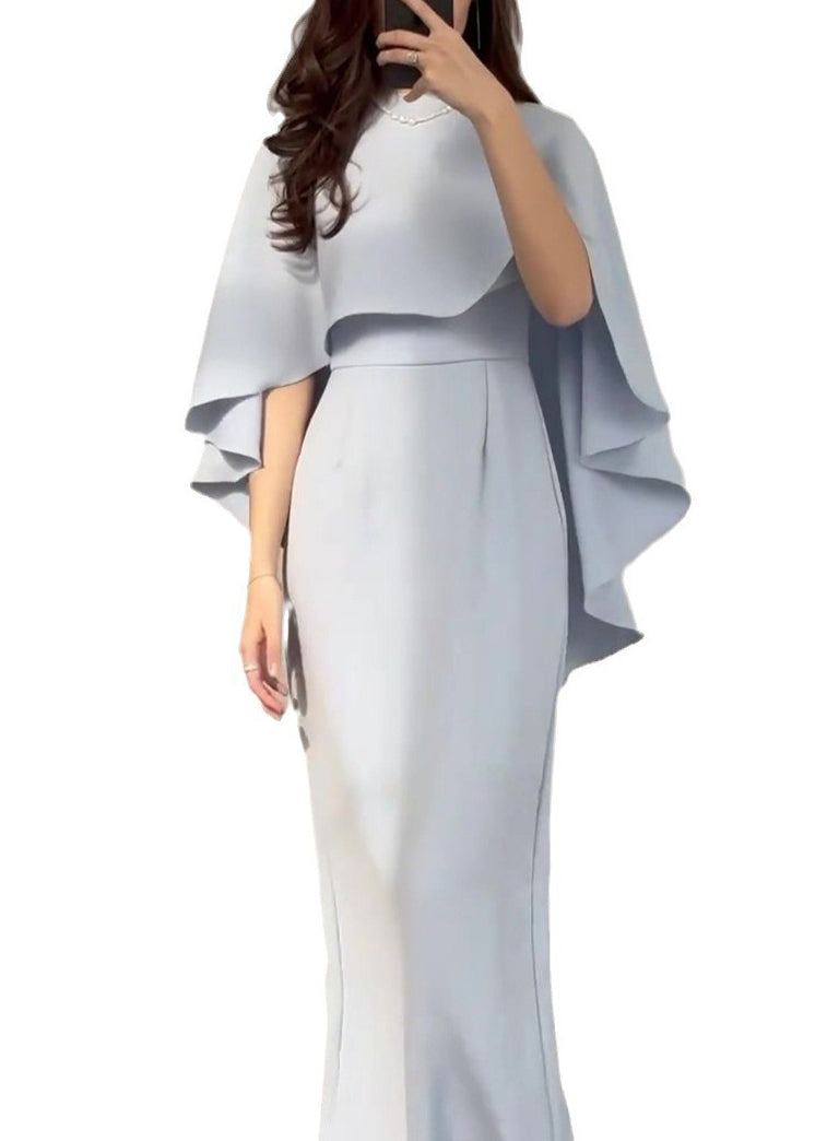 Slim Fit Light Blue Silk Shawl Waist Cinched Dress Summer