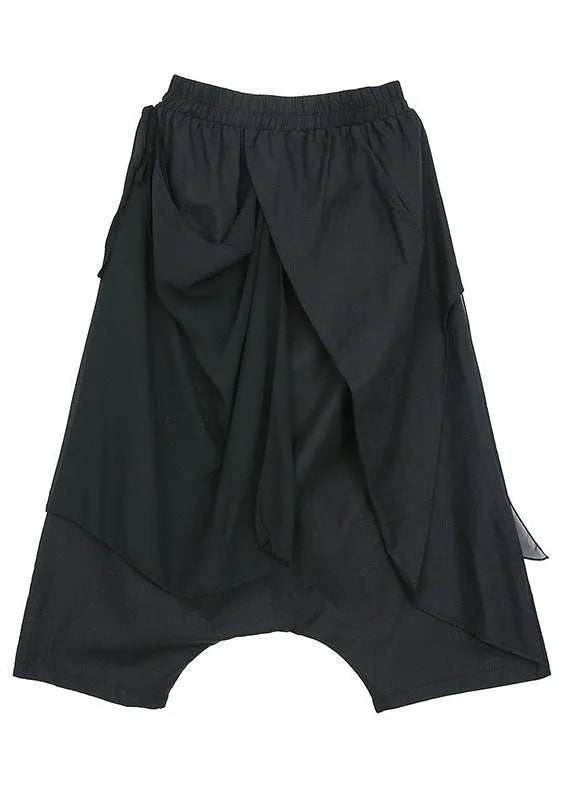 Black Asymmetrical Patchwork Chiffon Crop Pants Spring