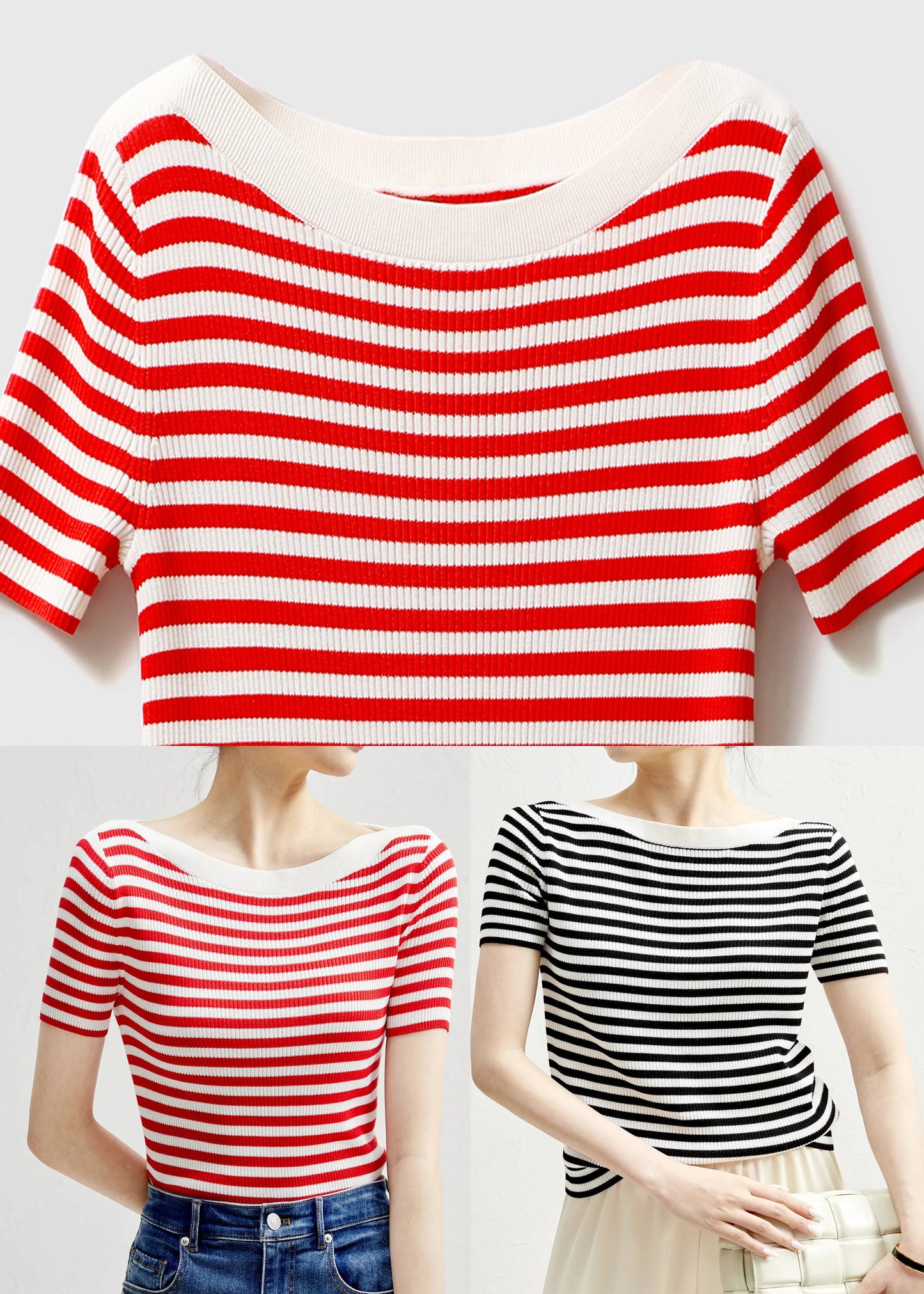 Slim Fit Red Striped O-neck Silk Knit T Shirts Sleeve