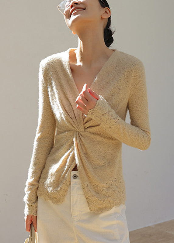 Apricot V Neck Wrinkled Knit Top Spring