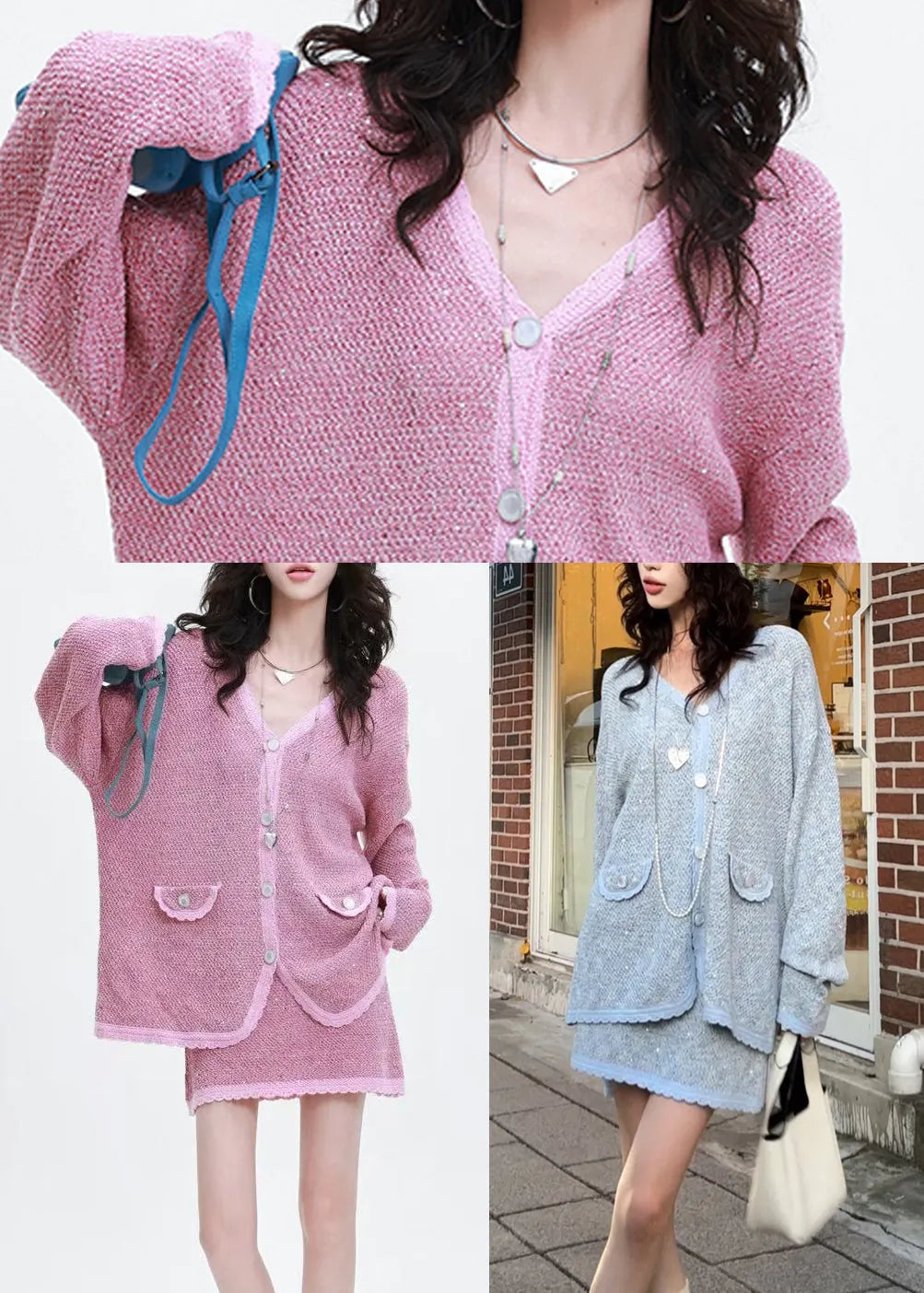 Unique Grey Oversized Patchwork Knit 2 Piece Outfit Spring