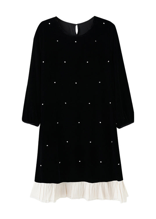French Black O Neck Zircon Patchwork Velour Dresses Long Sleeve