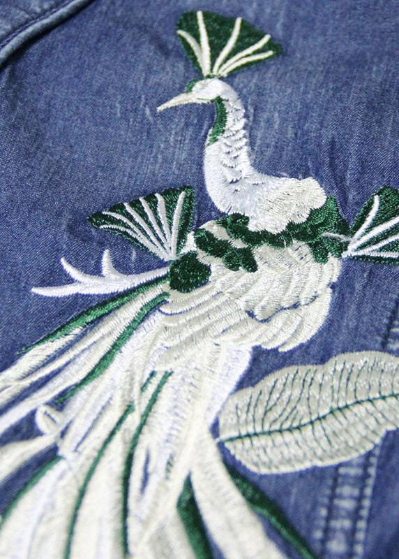 Slim Fit Blue Peter Pan Collar Button Waist Retraction Embroideried Cotton Denim Dresses Long Sleeve