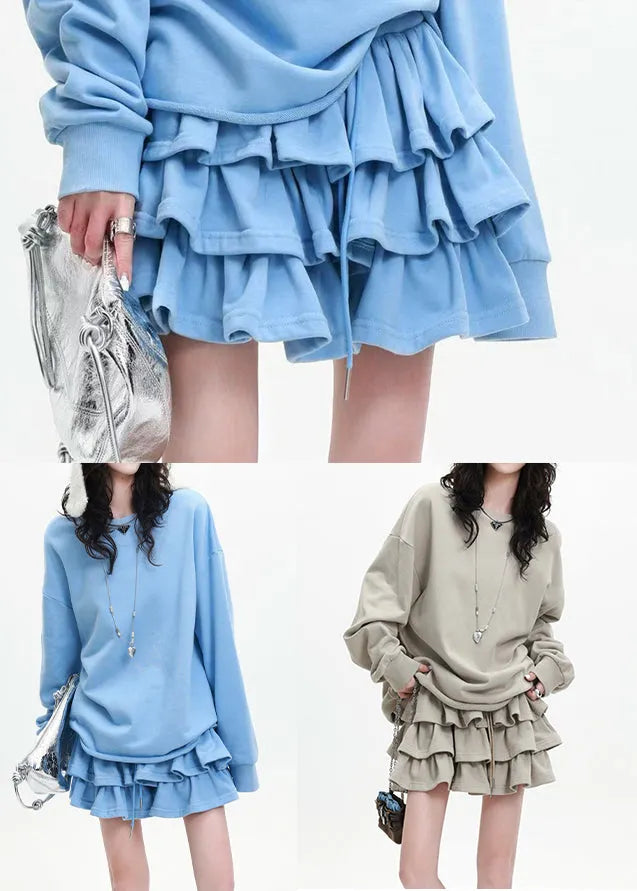 Apricot Loose Cotton Two Pieces Set Layered Ruffled Spring