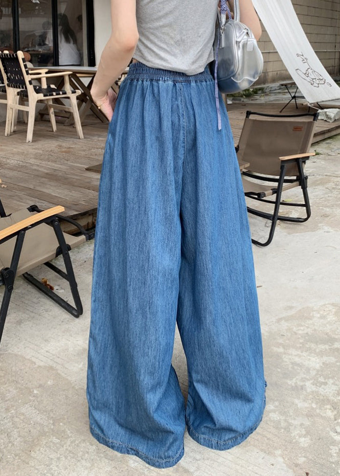 Navy Elastic Waist Denim Wide Leg Pants Summer