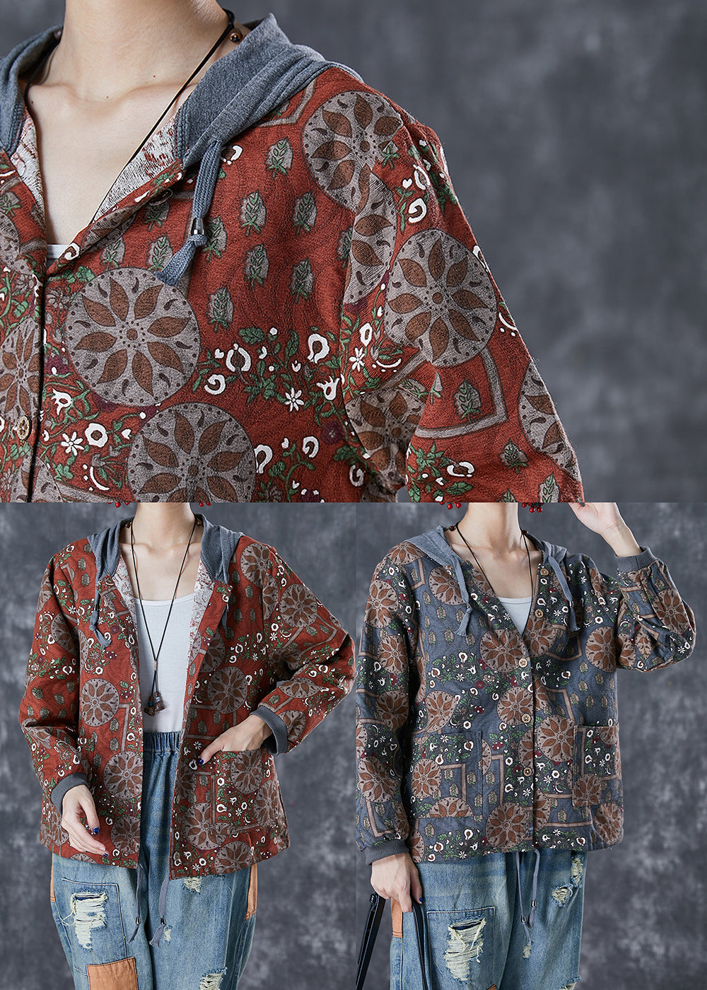 Orange Red Hooded Print Cotton Jacket Fall
