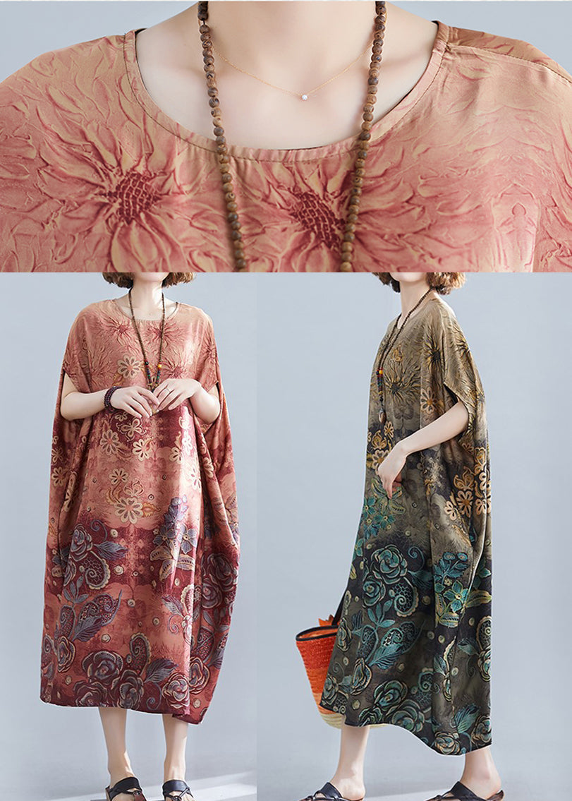 Apricot O-neck Print Silk Long Dress Batwing Sleeve