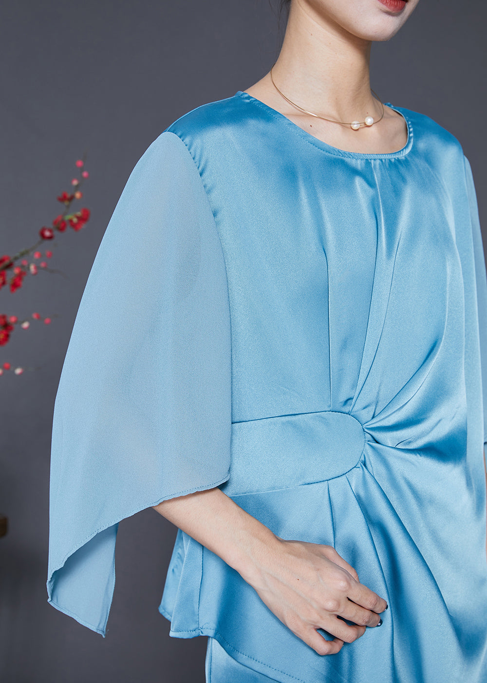 Lake Blue Asymmetrical Wrinkled Silk Two Pieces Set Fall