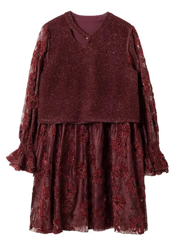 Modern Red O-neck Patchwork Fake Two Pieces Long Dresses Spring