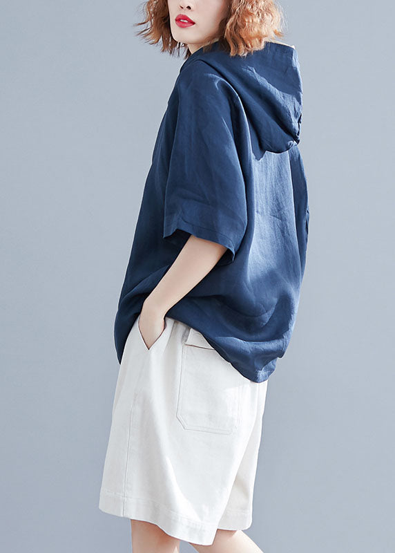 Blue Hooded Alphabet Print Cotton Pullover Summer