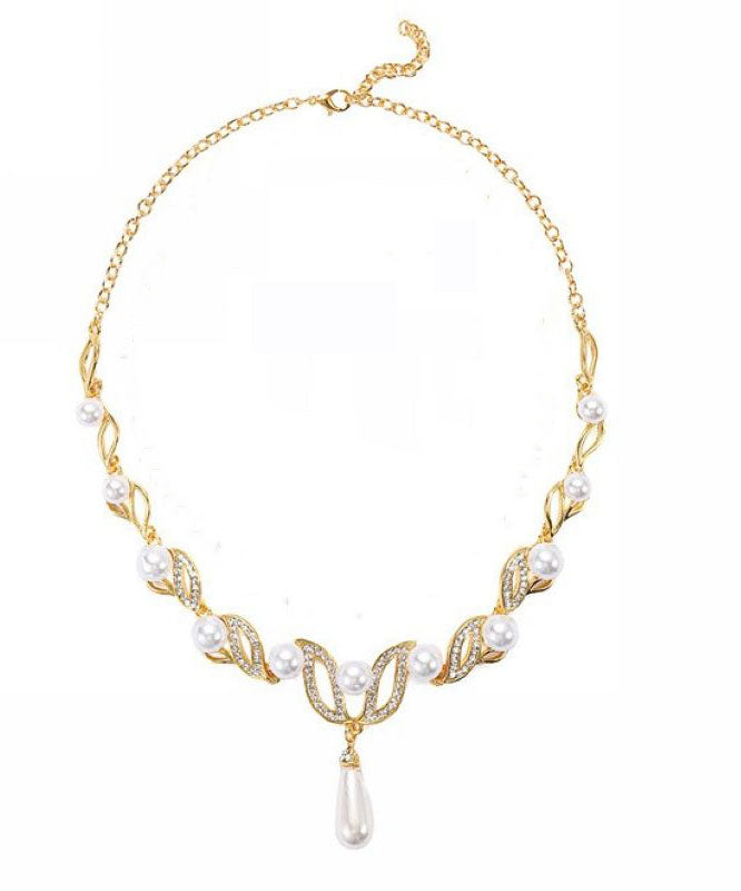 Gold Alloy Pearl Zircon Pendant Necklace