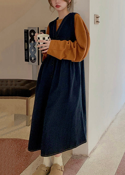 New Navy Button Tops and Waistcoat Dress Denim Two Pieces Set Spring