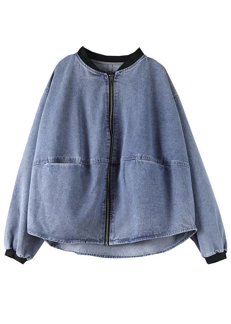 Blue Stand Collar Patchwork Cotton Denim Coats Fall